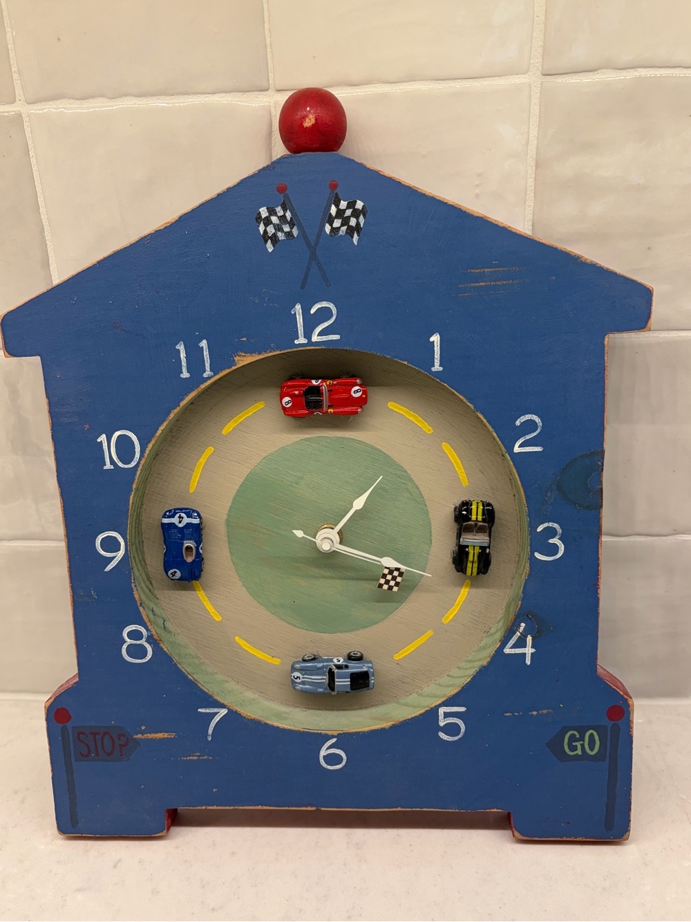 Handcrafted Wooden Blue Clock With Race Car Motif